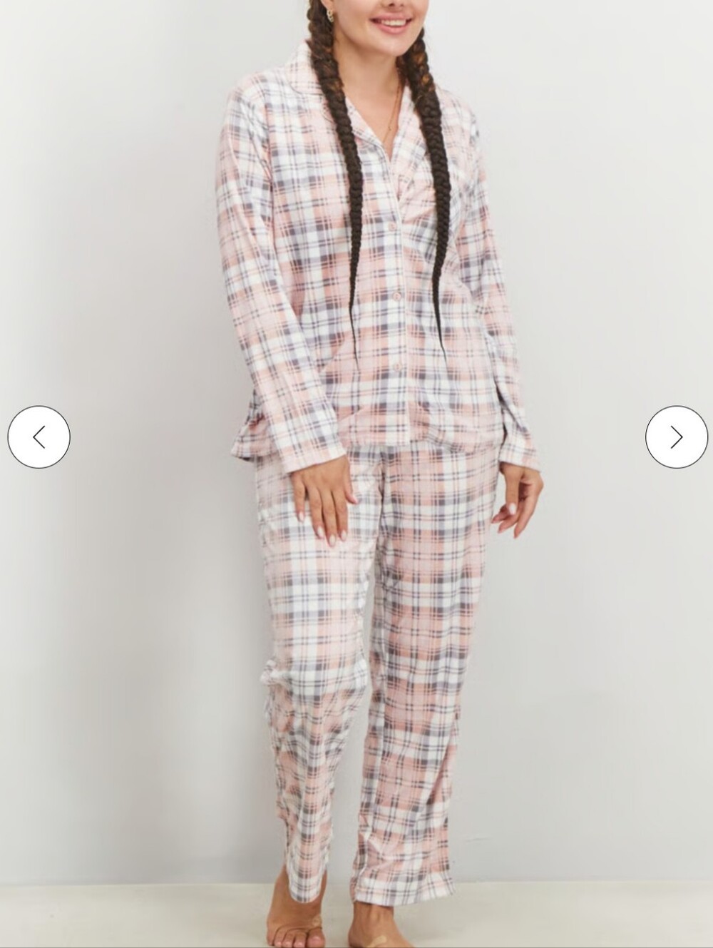 Tahari Pink Grey Plaid Fleece Notch Collar Pajama Top Medium